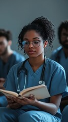 a medical student focuses on her textbook while attending a lecture with peers