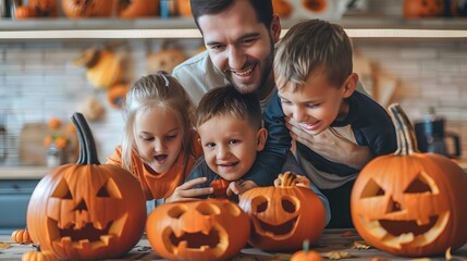 A father and his children have fun carving