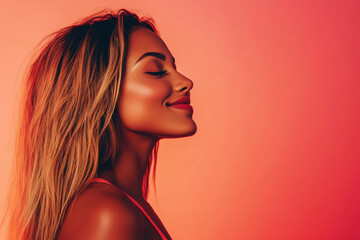 A close up of a woman's face with her eyes closed and long blond hair