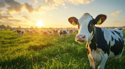 black and white cow gazing at the camera in a lush green pasture during a sunset, highlighting susta
