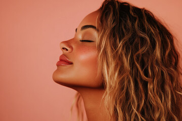 A close up of a woman's face with her eyes closed and long blond hair