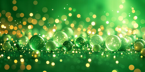 Wall Mural - A close-up of numerous green and gold spheres, creating a bokeh effect against a blurred background.