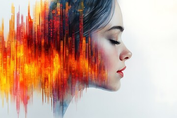 Wall Mural - Watercolor Painting of a Woman's Profile with a Cityscape Inside Her Head.