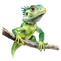 Canvas Print - Watercolor Illustration of a Green Lizard Perched on a Branch.