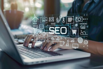 SEO search engine optimization concept with laptop, ranking traffic on website, internet technology for business company
