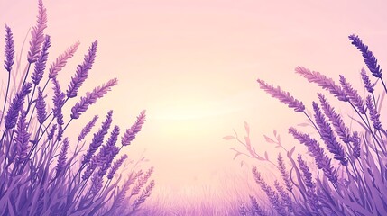 Wall Mural - Serene Lavender Field Frame Vector with Soft Pink Sunset Sky - Cartoon Style Flat Illustration with Hand-Drawn Feel and Watercolor Painting