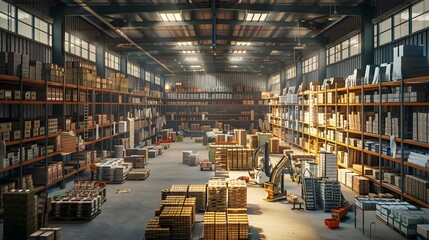 A Large Warehouse With Numerous Items. Rows Of Shelves