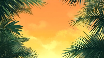 Wall Mural - Tropical Palm Leaf Frame Background with Orange Sunrise Sky - Cartoon Style Vector Illustration