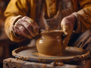 A potter works with a tool on a potters wheel leveling