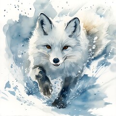 Canvas Print - Watercolor Painting of a White Arctic Fox Running Through the Snow.