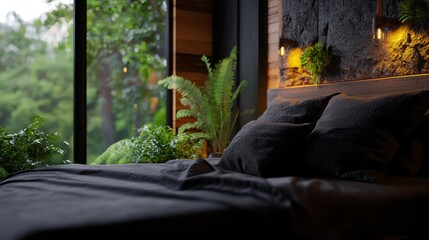 Poster -  A bed with a black comforter nestled next to a window offering a view of the forest beyond