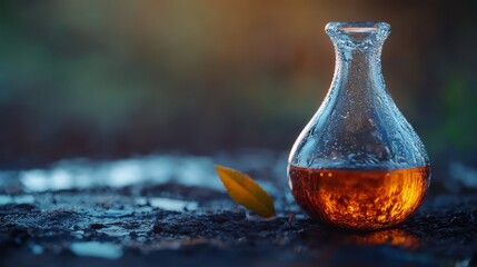 Poster -  A glass bottle, half-full with liquid, rests atop a table Nearby, a lone green leaf lies on a damp surface