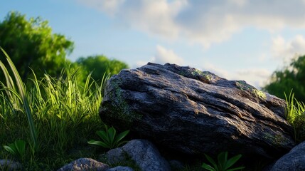  A rock atop a verdant field, nestled beside a forest of dense, green grasses, under a blue, cloud-specked sky