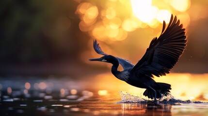 Wall Mural -  A bird flies over a body of water with its wings outstretched