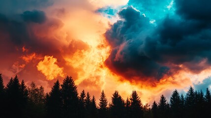 Wall Mural -  A sky teeming with numerous clouds, an expanse of trees preceding an orange-blue cloud-filled sky