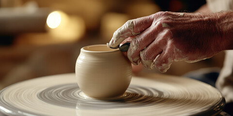 Close-up of a potter hand working with a tool on a potter's wheel leveling the surface of a vase.