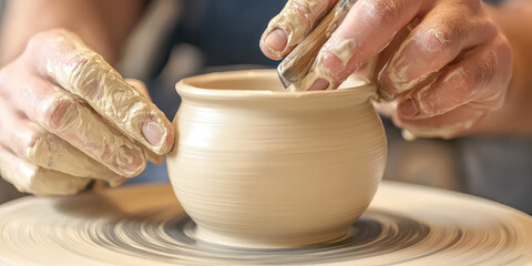 Close-up of a potter hand working with a tool on a potter's wheel leveling the surface of a vase.