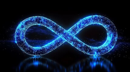 Blue infinity symbol made of glowing binary code particles