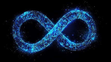 Blue infinity symbol made of glowing binary code particles