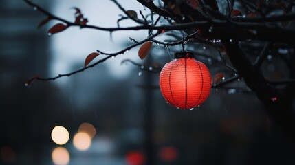 Poster -  A red lantern dangles from a tree against the backdrop of a rainy night Street lights flicker, and buildings faintly appear through the misty rain, their edges blurred