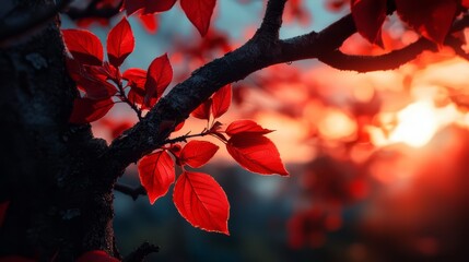 Wall Mural -  A branch with red leaves against an vibrant orange-blue sky, framing the sun in the backdrop