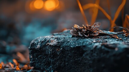 Wall Mural -  A tight shot of a rock bearing a plant, its greenery contrasting against the hazy light behind