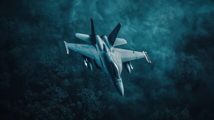 Poster -  A fighter jet traverses the sky, enveloped by clouds, with tree-lined foreground and ominous dark clouds looming behind