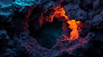 Wall Mural -  A cavern featuring a central opening illuminated by red and blue light emanating from an endlight within