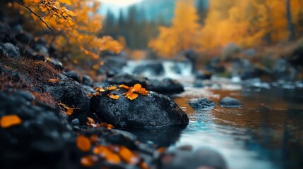 Canvas Print -  A forested river runs thick with rocks and orange leaves drifting atop its surface