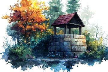 Wall Mural - Watercolor Illustration of a Stone Well in a Forest Clearing.