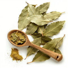 Wall Mural - Pile of dried bay leaves and a spoonful of bay leaf powder