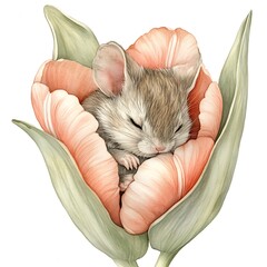 Wall Mural - Sleeping Mouse in a Pink Tulip.