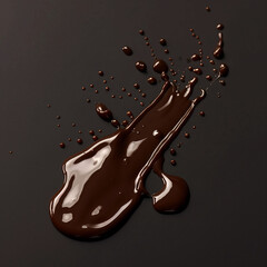 Poster - Spilled chocolate syrup with glossy puddle isolated on black background