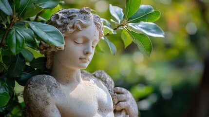 Canvas Print -  A tight shot of a statued person, adorned with a leaf atop their head In the backdrop, a tree stands tall