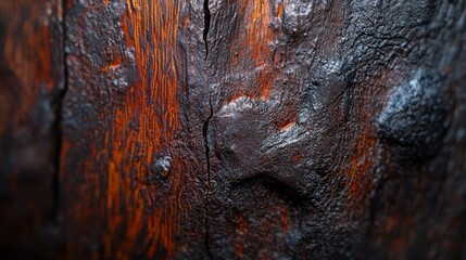 Wall Mural -  A tight shot of a wooden piece sporting an orange and black painted appearance