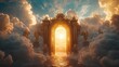 ©  Dreamy Shots - Ethereal view of golden heaven gates shining amidst glowing light and soft clouds. Divine entrance, spiritual symbolism, majestic otherworldly atmosphere, celestial realm.