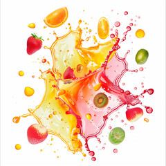 Canvas Print - Spilled fruit punch with bright, colorful splashes and droplets isolated on white background