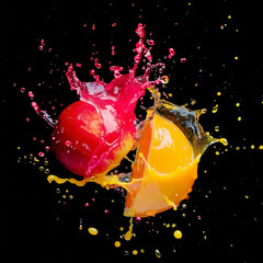 Canvas Print - Spilled fruit punch with bright, colorful splashes and droplets isolated on black background