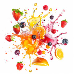 Poster - Spilled fruit punch with bright, colorful splashes and droplets isolated on white background