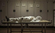 © Edgar Martirosyan - A dead body with its feet sticking out of the top of an examination table in a morgue,