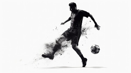 High-contrast silhouette of a soccer player mid-kick, with the ball clearly visible,