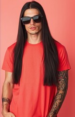 Sticker - Handsome model poses confidently in a vibrant blank t-shirt against a solid backdrop