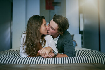 Sticker - Bedroom, kissing and couple with love, relax and morning with kindness, trust and bonding together. Home, embrace and man with woman, dating and care with romance, hug and marriage with relationship