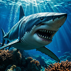 Wall Mural - A large, gray shark swimming underwater with its mouth open, surrounded by vibrant coral and other marine life.