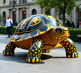 Wall Mural - A large, colorful turtle sculpture stands in a public space, its shell adorned with black and yellow patterns.