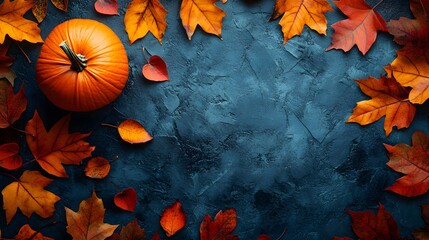 Autumn leaves and a pumpkin on a dark surface, creating an elegant Thanksgiving decoration with space for text.