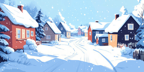 Wall Mural - Snow-covered village with simple houses lining a narrow, icy street, flat illustration