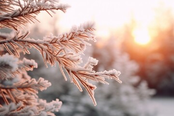 Wall Mural - Pine branch frost snow landscape.