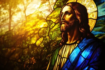 Wall Mural - Stained Glass Jesus: Sermon on the Mount with Blues & Greens, Golden Divine Light , ai