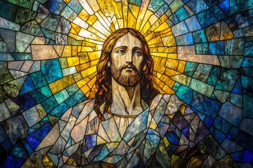 Wall Mural - Stained Glass Jesus: Sermon on the Mount with Blues & Greens, Golden Divine Light , ai